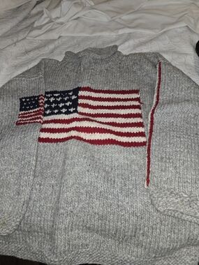 Gray 100% Wool Knit Sweater with American Flag Accent